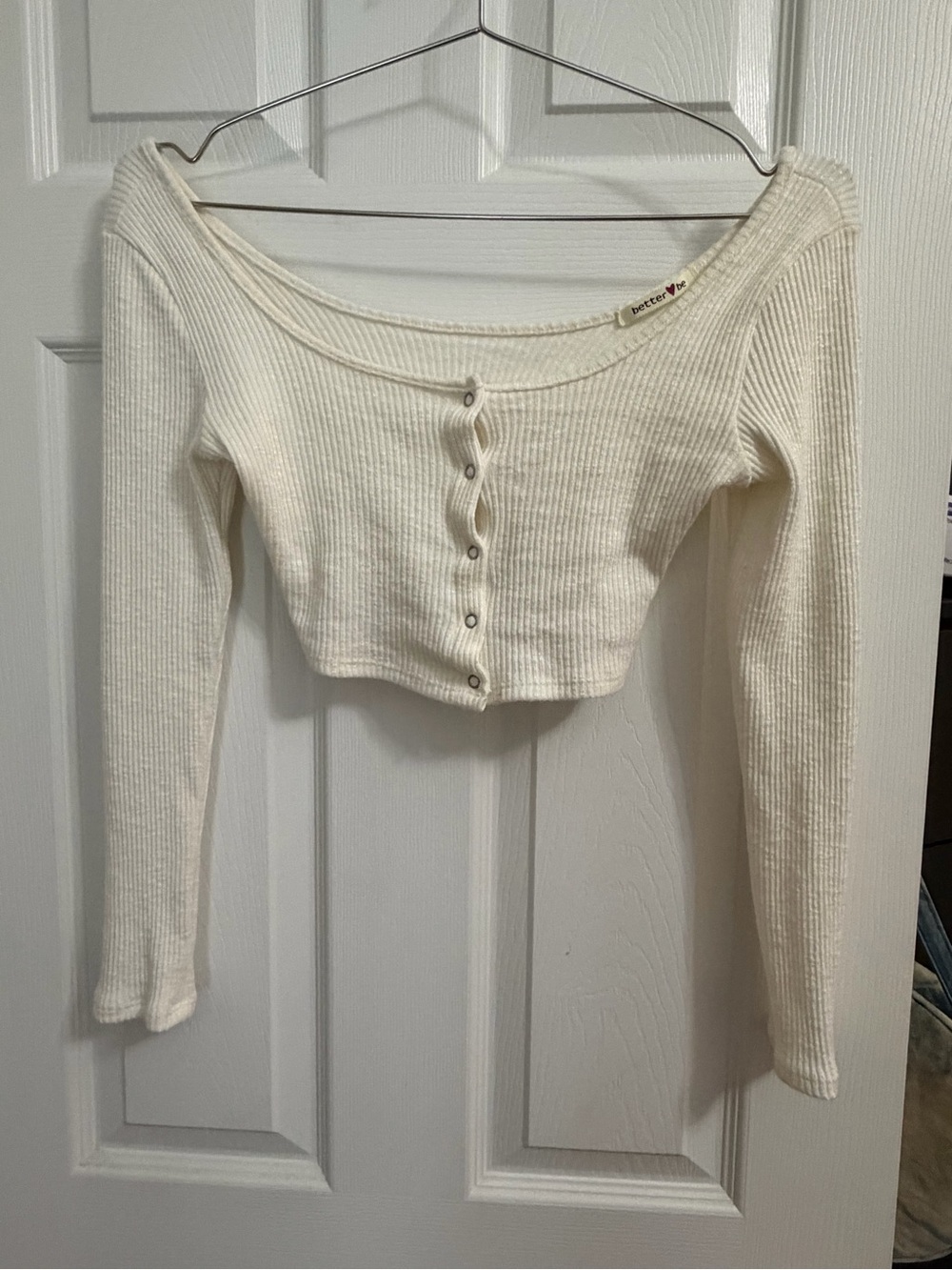 Better Be Cream Ribbed Off-Shoulder Cropped Button-Front Top